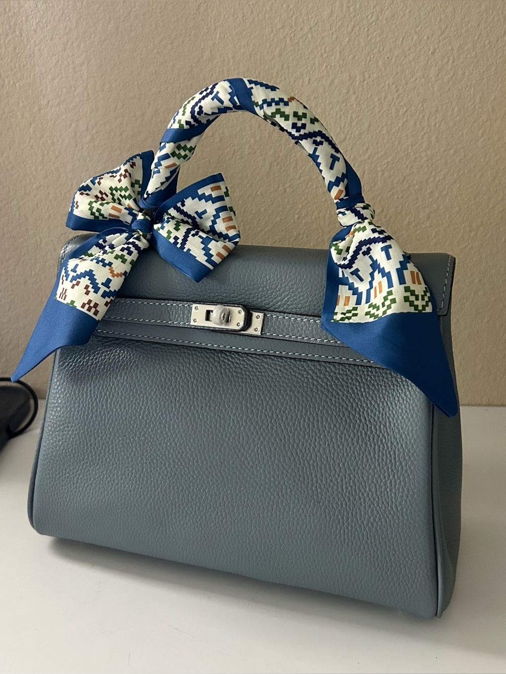 25cm Slate Blue Top-Handle Leather Satchel with Bow Scarf KL Style